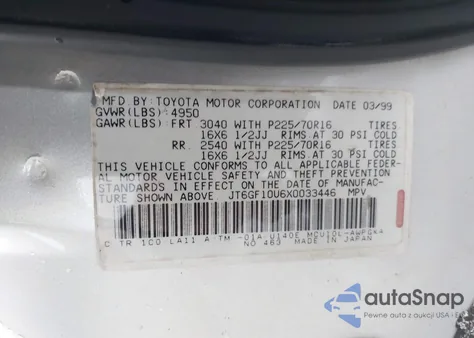 1999 Lexus Rx 300 from USA, damaged, VIN JT6GF10U6X0033446